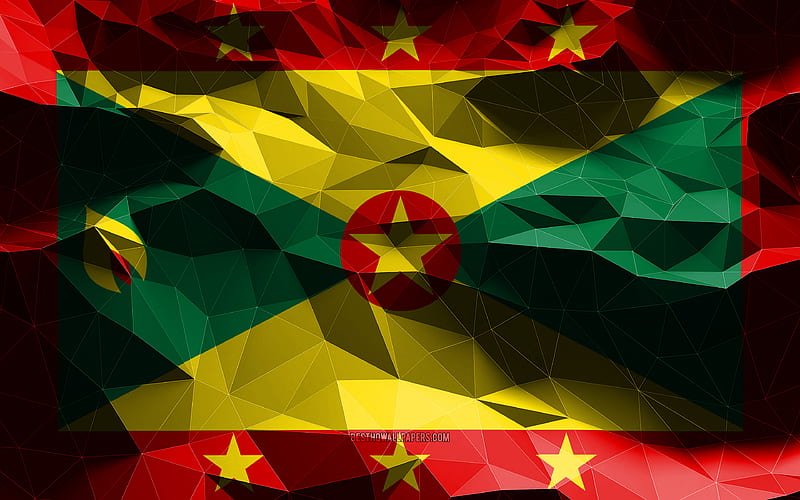 Grenadian flag, low poly art, North American countries, national symbols, Flag of Grenada, 3D flags, Grenada flag, Grenada, North America, Grenada 3D flag, HD wallpaper