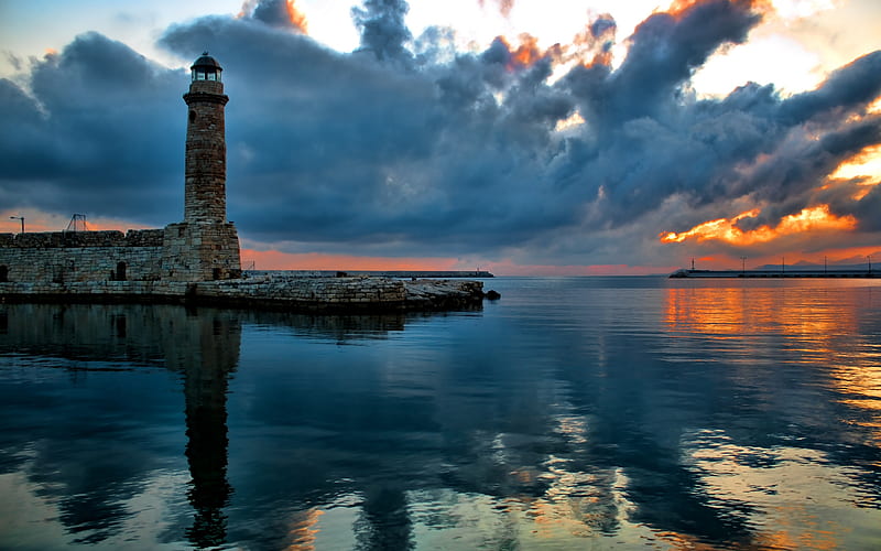 The Lighthouse, oceans, architecture, sunset, clouds, splendor, beauty, sunrise, reflection, lovely, quiet, ocean, sky, storm, lighthouse, skies, water, light houses, lighthose, greece, bonito, stormy, sea waterscapes, sunsets, blue, cloud, view, colors, dark, peaceful, nature, reflections, HD wallpaper
