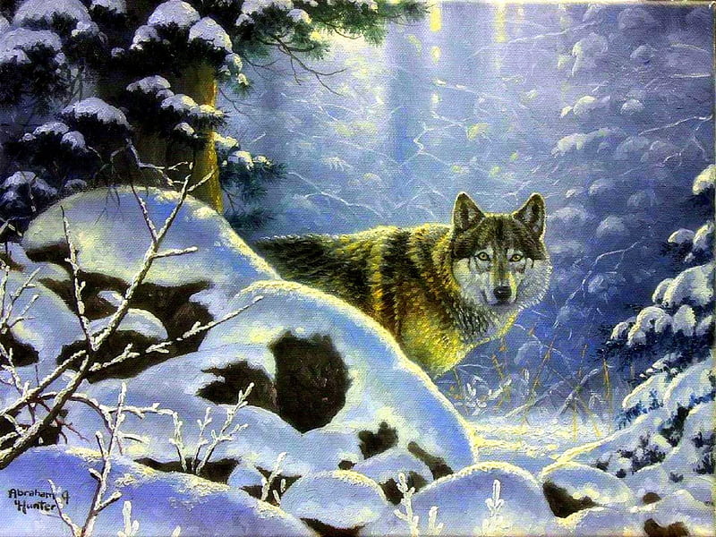 ★Single Wolf★, love four seasons, trees, winter, paintings, snow, wildlife, nature, wolf, forests, wolves, animals, HD wallpaper