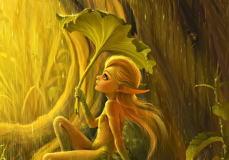 Dryad, forest, dryads, elf, umbrella, yellow, leaf, aneteya, fantasy, girl, green, rain, fairy, creature, HD wallpaper