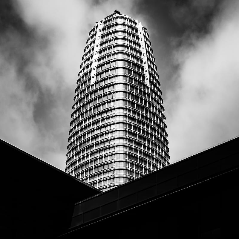 building, architecture, skyscraper, bottom view, black and white, HD phone wallpaper