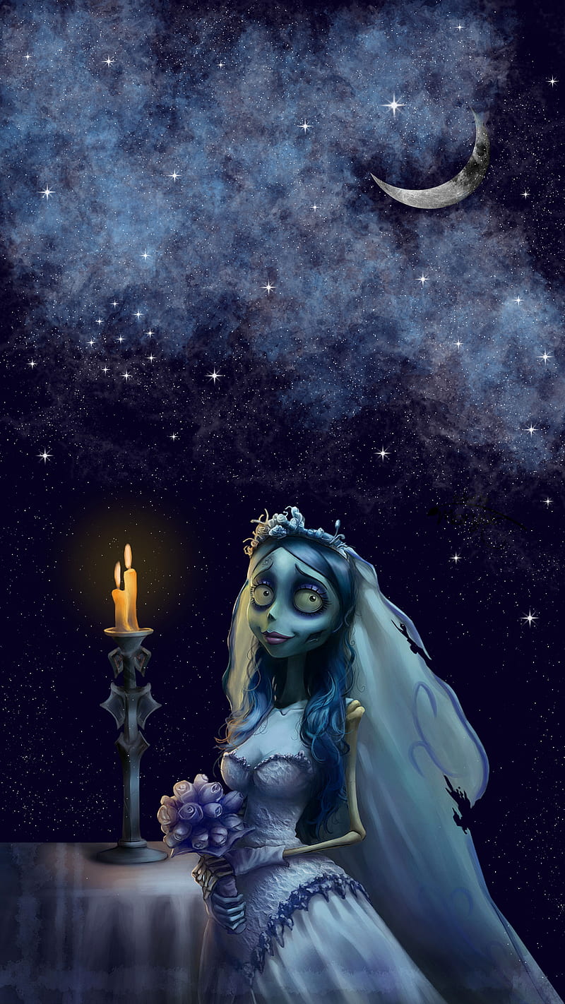 Corpse Bride, sky, moon, night, noiva cadaver, dark, stars, crescent moon, animation, HD phone wallpaper