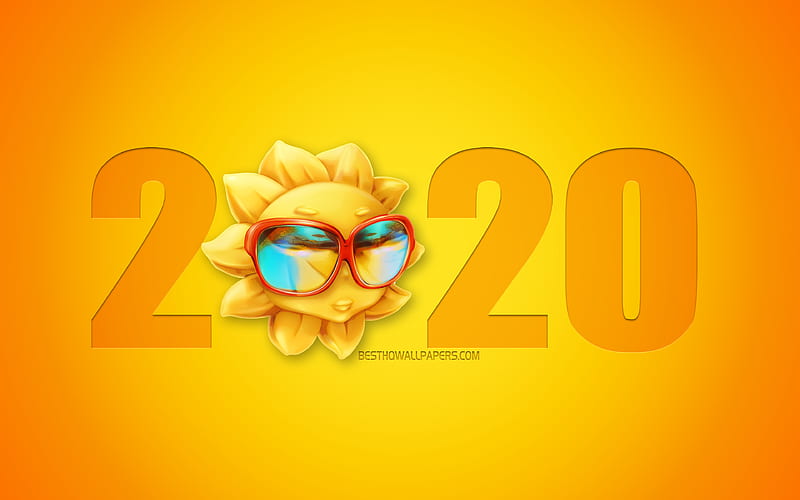 2020 Travel Background, 2020 Funny Background, sun, 2020 summer, creative 2020 art, 2020 concepts, Happy New Year 2020, Yellow 2020 background, HD wallpaper