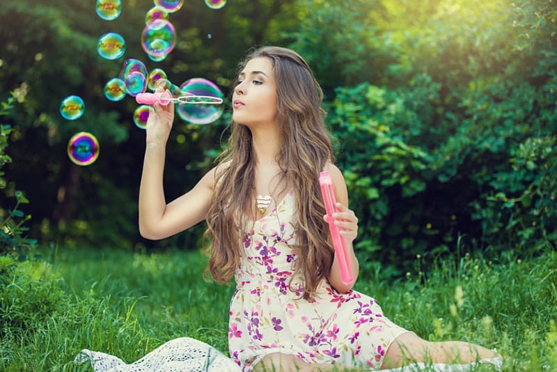 Blowing Bubbles, bubbles, blowing, model, lady, HD wallpaper