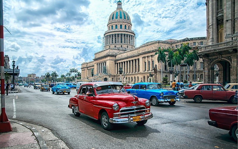 El Capitolio, Havana, building of the Parliament of Cuba, Capitol, Cuba, old cars, classic cars, HD wallpaper