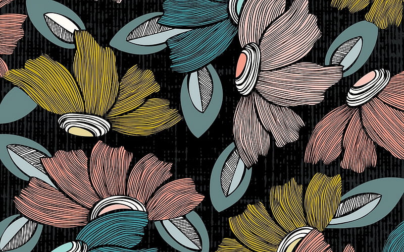 Texture, pattern, flower, black, paper, pink, blue, HD wallpaper
