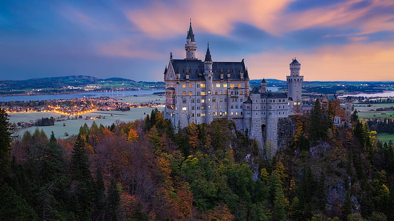 Neuschwanstein Castle, Sky, Neuschwanstein, Sunrise, Germany, Sunset, Bavaria, bonito, History, Mountains, Castle, Colors, HD wallpaper