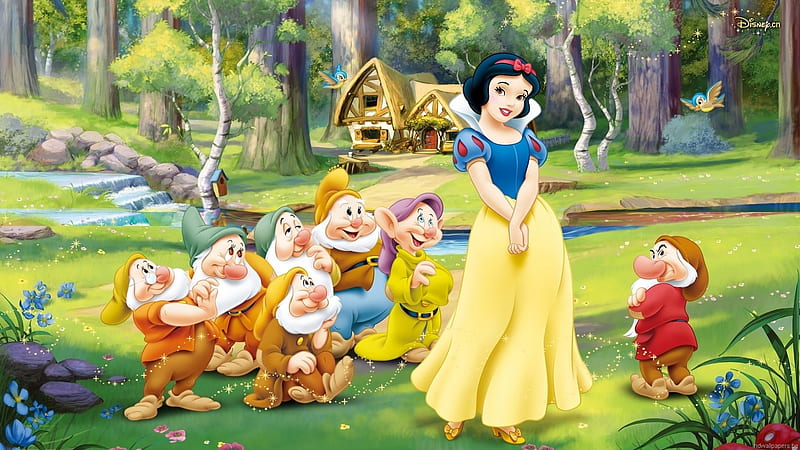 Snow White and the Seven Dwarfs, fantasy, girl, snow white, gnome, princess, dwarf, disney, HD wallpaper