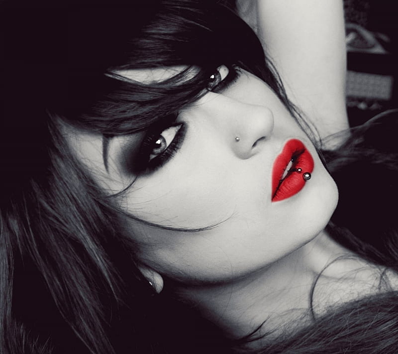 Sensual Beauty, black, lips, red, white, HD wallpaper