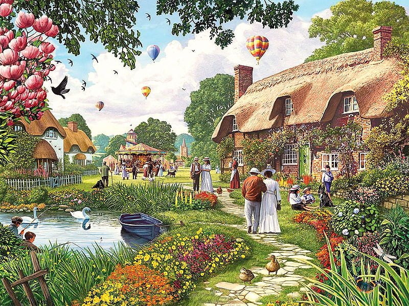 Pond Cottage, ducks, trees, funfair, swans, carousels, artwork, boat, people, balloons, painting, flowers, HD wallpaper