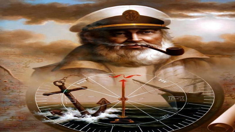 The captain and the sea tobacco boat, brown, colors, compass, sea, Captain, boat, cap, people, tobacco, HD wallpaper