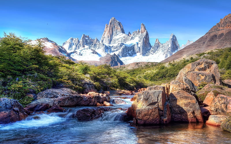mountains, landscape, chile, top, nature, patagonia, snow, HD wallpaper