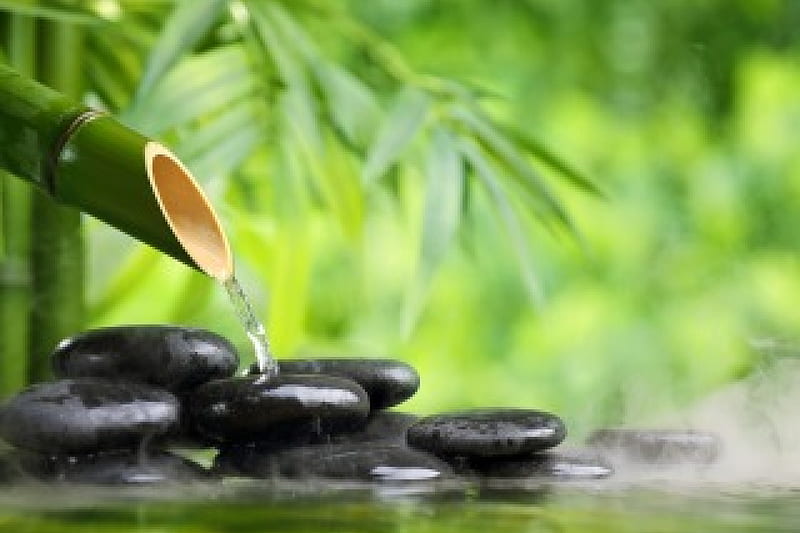~ Flow Of Energy ~, water, stones, green, black, nature, bamboo, HD wallpaper