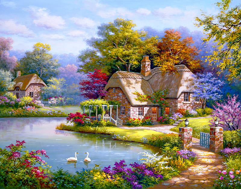 Swan cottage, art, house, cottage, bonito, spring, swan, lake, Sung kim, countryside, pond, serenity, painting, peaceful, village, HD wallpaper