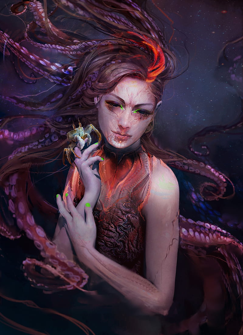 fantasy art, magic, fantasy girl, underwater, tentacles, HD phone wallpaper