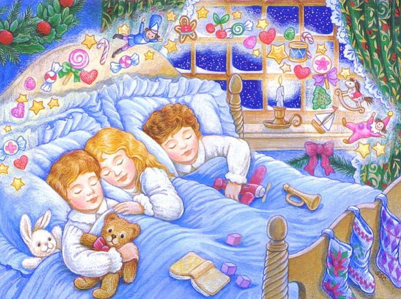 Dreaming of Christmas, art, dreaming, children, bedroom, christmas decorations, sleeping, toys, HD wallpaper