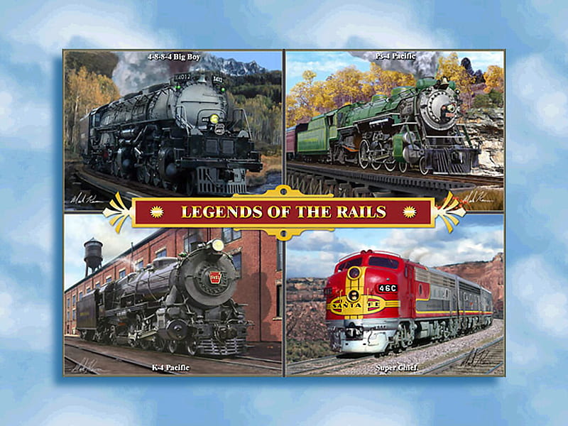 Legends of the Rails - Trains F2, art, trains, collage, artwork, legends, mark karvon, railroading, painting, scenery, karvon, rails, HD wallpaper