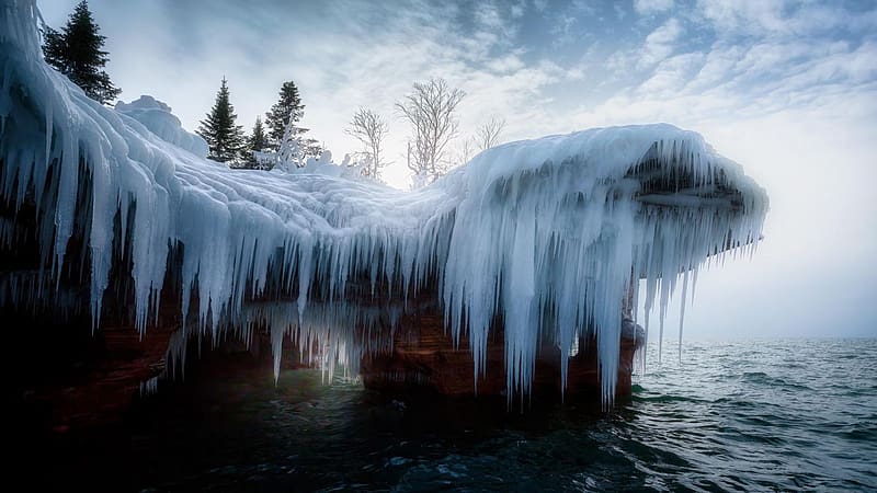 Apostle Islands Ice Caves - Devil’s Island first ice, usa, wisconsin, sea, icycles, clouds, sky, rocks, HD wallpaper