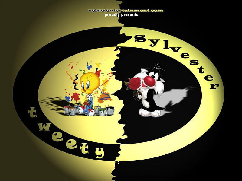 Sylvester & Tweety, cartoons, looney tunes, black, yellow, cartoon, animacion, warner brothers, bird, tweety, cats, HD wallpaper