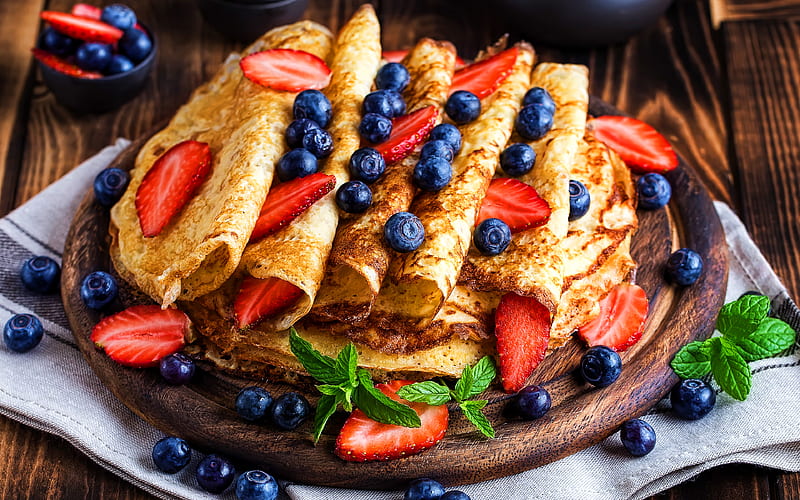 pancakes with berries blueberries, strawberries, mint, pancakes, sweets, berries, HD wallpaper