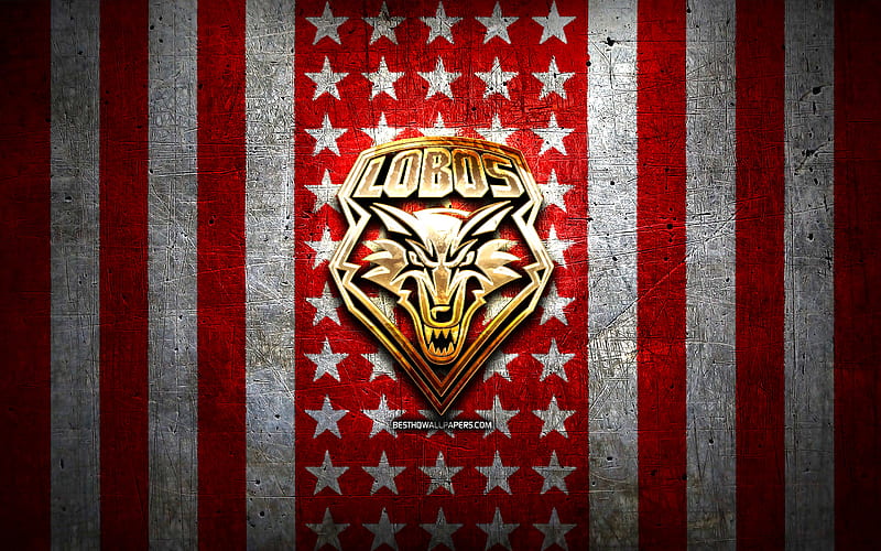 New Mexico Lobos flag, NCAA, red white metal background, american football team, New Mexico Lobos logo, USA, american football, golden logo, New Mexico Lobos, HD wallpaper