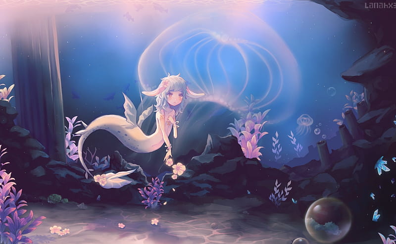 Jellyfish Lake, jellyfisj, fishes, mermaid, bonito, soft, lake, water, girl, purple, anime, beauty, anime girl, pink, HD wallpaper