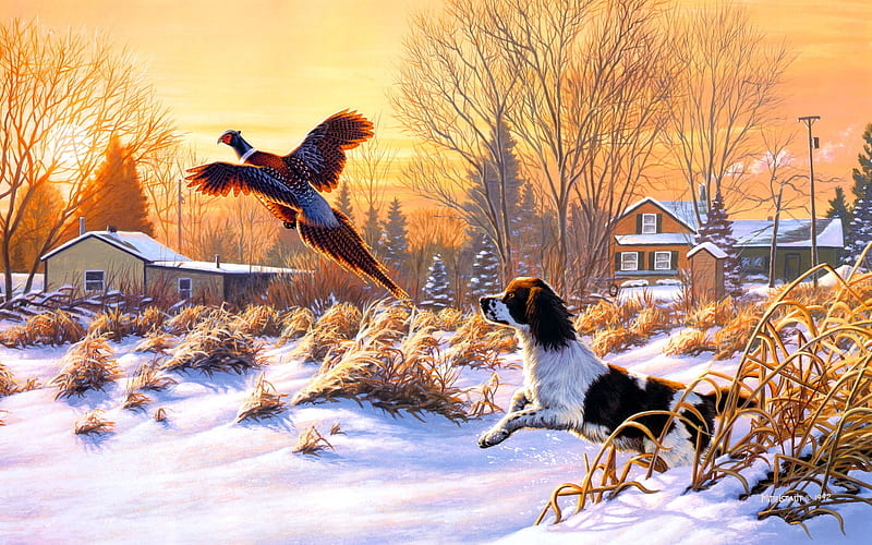 Getting up, art, pasare, caine, iarna, animal, winter, frank of central city, bird, fazan, hunt, painting, pictura, dog, HD wallpaper