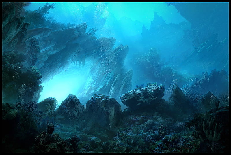 Under Water, underwater, rock, ocean, abstract, sea, fantasy, cool, water, blue, HD wallpaper