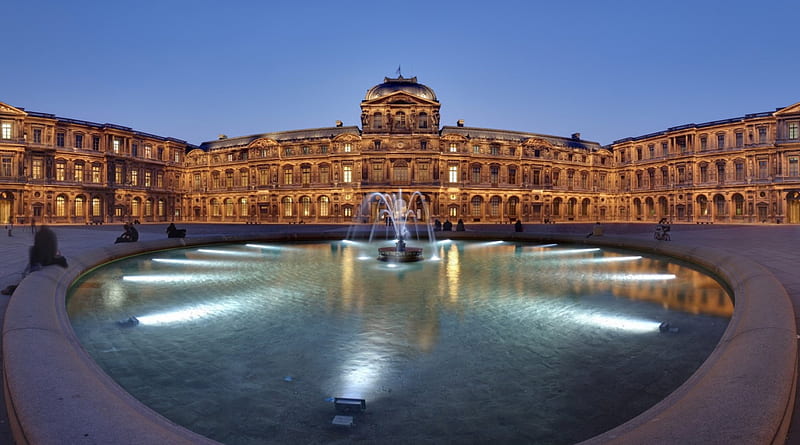 panoramic fountain at the louvre museum, dusk, museum, fountain, lights, HD wallpaper