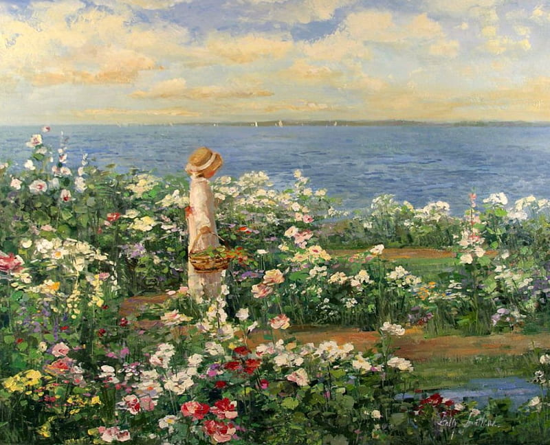 Girl in the Rose Garden, oil painting, garden, flowers, rose, HD wallpaper  | Peakpx