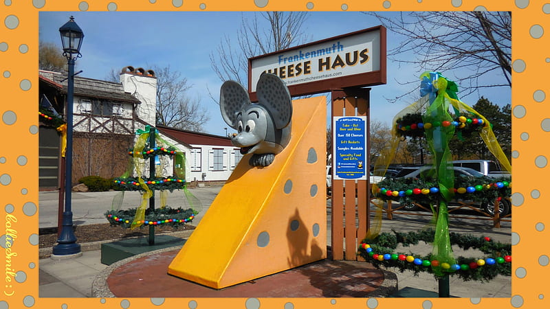Cheese Haus Mouse, border, Easter egg trees, cie1, Easter eggs, Michigan, frame, mice, Cheese Haus, border1ine, streetlamp, tree, Frankenmuth, cheese, mouse, HD wallpaper