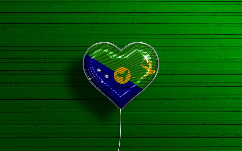 I Love Christmas Island realistic balloons, green wooden background, Asian countries, Christmas Island flag heart, favorite countries, flag of Christmas Island, balloon with flag, Christmas Island flag, Love Christmas Island, HD wallpaper