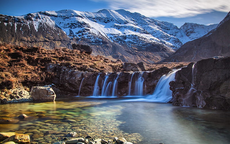 waterfall, lake, mountains, Patagonia, Chile, Andes, HD wallpaper