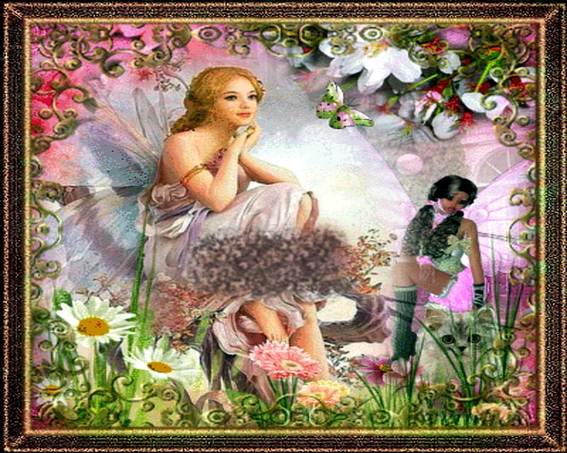 summer fairies, fantasy, summer, flowers, framed, pink, fairy, HD wallpaper