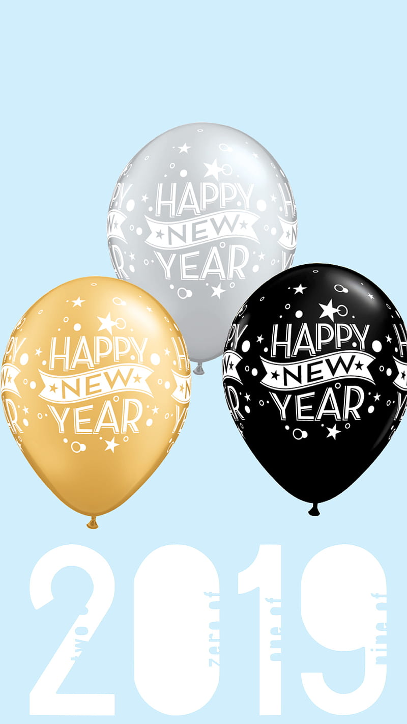 NewYear19 v1, 2019, happy new year, balloons, 19, blue, gold black grey, , iphone, HD phone wallpaper
