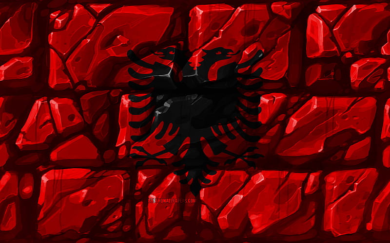 Albanian flag, brickwall European countries, national symbols, Flag of Albania, creative, Albania, Europe, Albania 3D flag, HD wallpaper