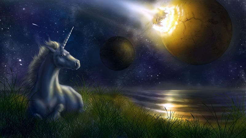 unicorn, night, space, planets, collision , ,, Planetary Collision, HD wallpaper