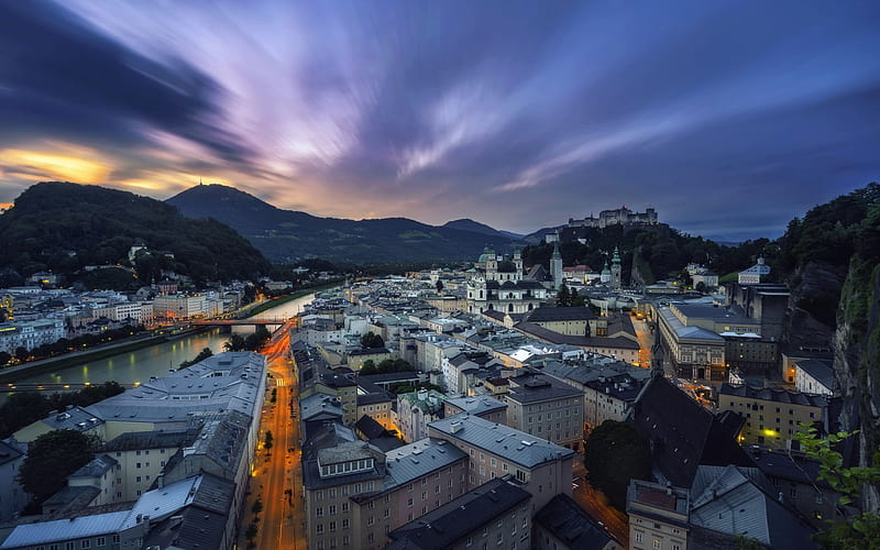 Hohensalzburg Fortress, Salzburg, evening, sunset, beautiful houses, Salzburg cityscape, landmark, Austria, HD wallpaper
