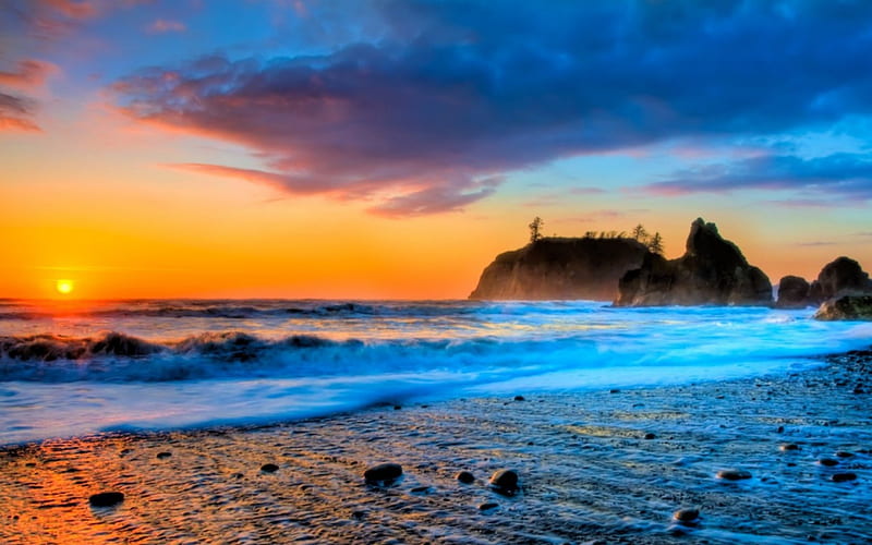 wonderful colorful beachscape, beach, colors, cliff, sunset, sea, HD wallpaper