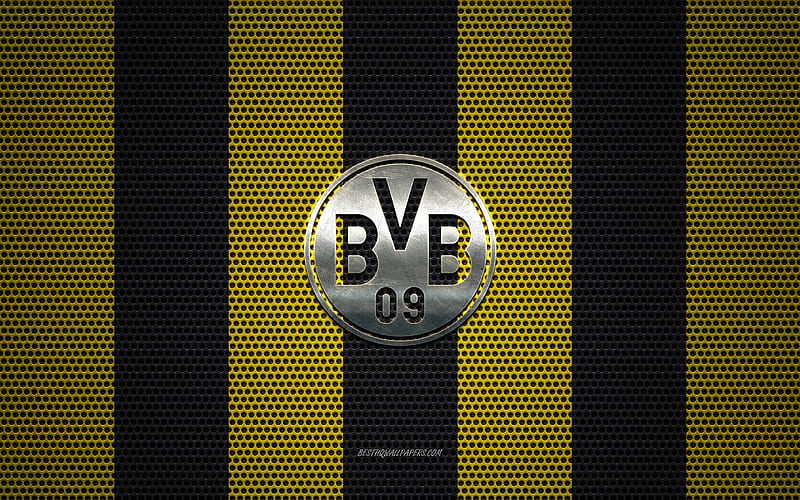 Borussia Dortmund logo, German football club, BVB logo, metal emblem, yellow-black metal mesh background, Borussia Dortmund, Bundesliga, Dortmund, Germany, football, HD wallpaper