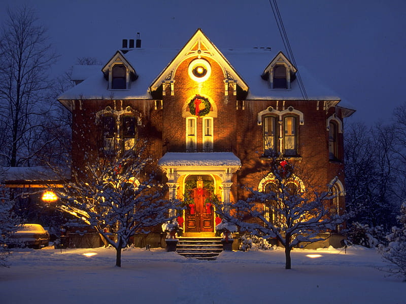 Christmas Church, snow, christmas decoration, bonito, church, trees, night, lightining, HD wallpaper