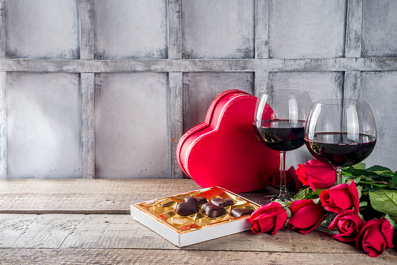 Holiday, Valentine's Day, Chocolate, Glasses, Heart-Shaped, Rose, Still Life, Wine, HD wallpaper
