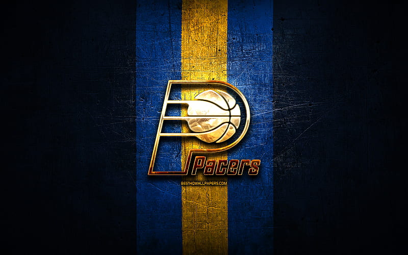 Indiana Pacers, golden logo, NBA, blue metal background, american basketball club, Indiana Pacers logo, basketball, USA, HD wallpaper