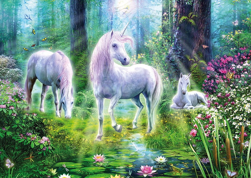 Unicorns, unicorn, forest, fantasy, luminos, green, white, blue, HD ...