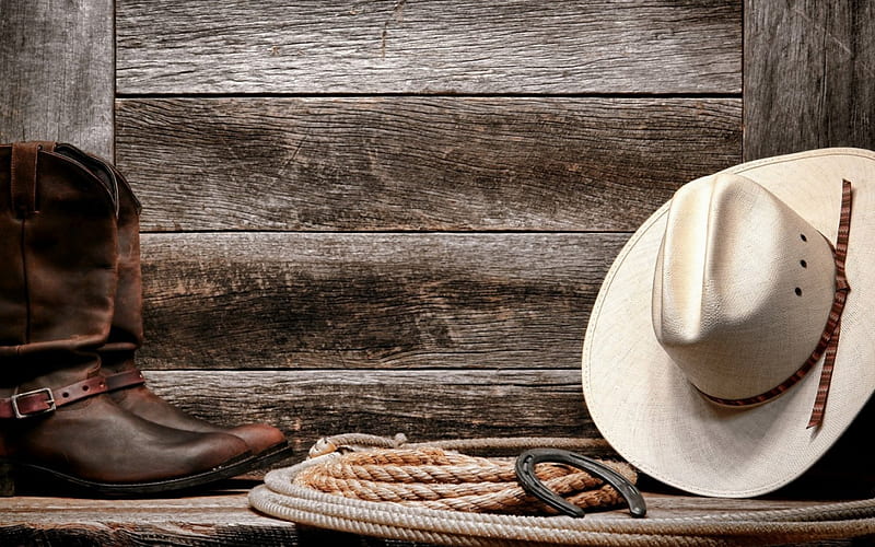 Boots, rope and hat, boots, rope, cowboy, wood, hat, HD wallpaper