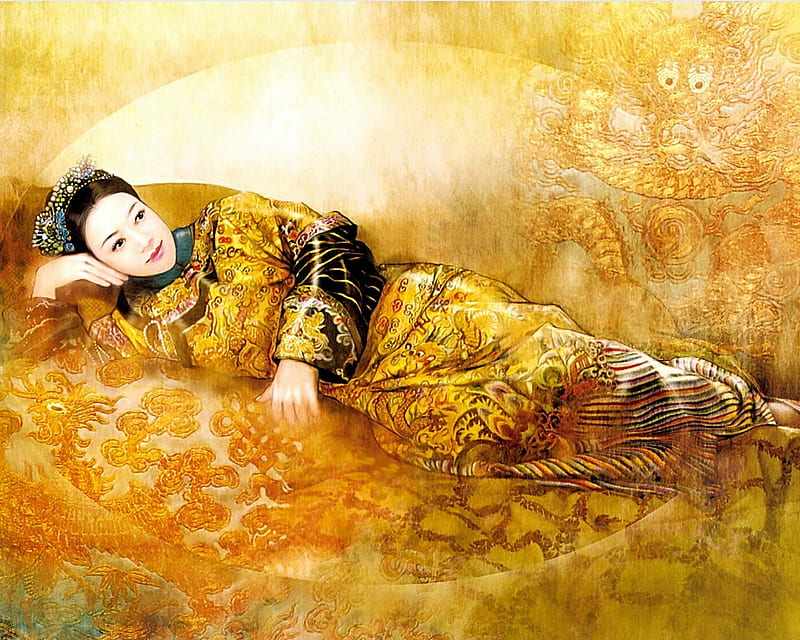 Golden Aristocrat, female, aristocrat, golden dress, reclining, chinese, woman, HD wallpaper