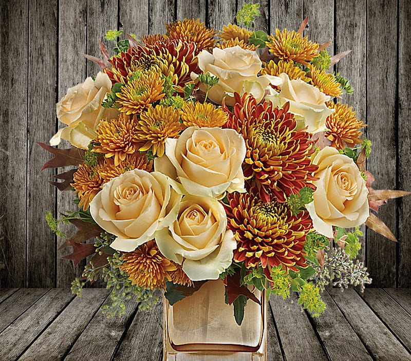 *Beautiful autumn floral arrangement*, floral arrangement, autumn, chrysanthemum, background, colors, hq, roses, vases, flowers, wood, HD wallpaper