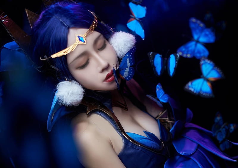 Diao Chan, frumusete, wings, luminos, model, game, cospaly, woman, fantasy, butterfly, girl, asian, blue, king of glory, HD wallpaper