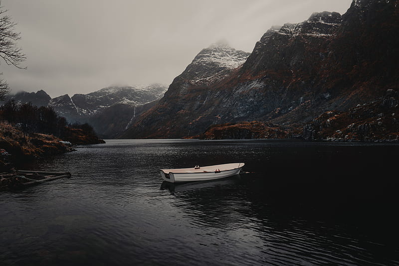 boat, lake, mountains, fog, HD wallpaper