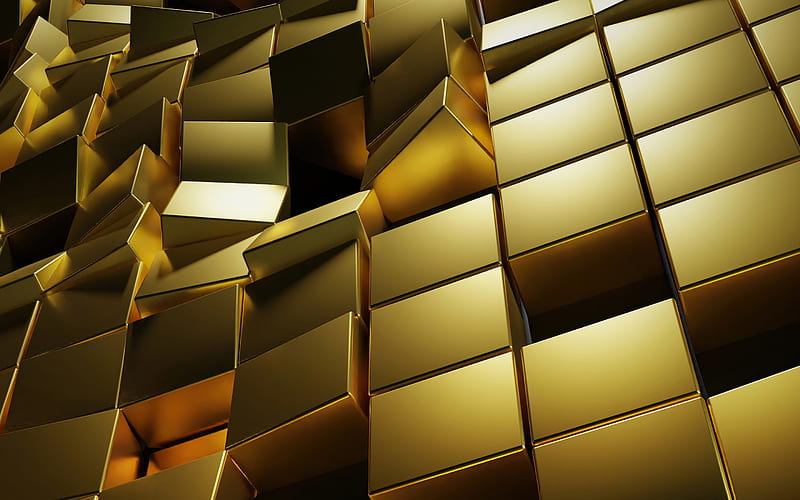 gold 3d blocks, 3d gold cubes texture, gold cubes, gold 3d background, 3d gold bars, HD wallpaper